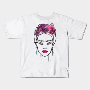 Frida Kahlo famous mexican painter line portrait red lips and roses minimalist decorationfemale painter, mexican art, mexican artist, minimalistic red lips Kids T-Shirt